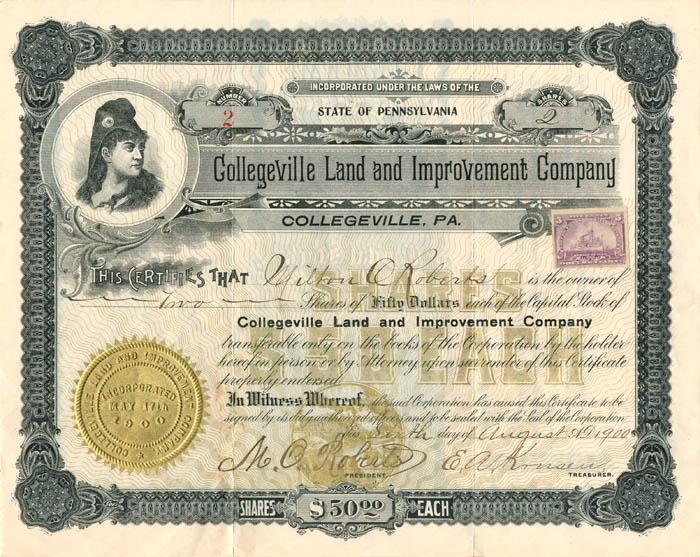 Collegeville Land and Improvement Co. - Stock Certificate